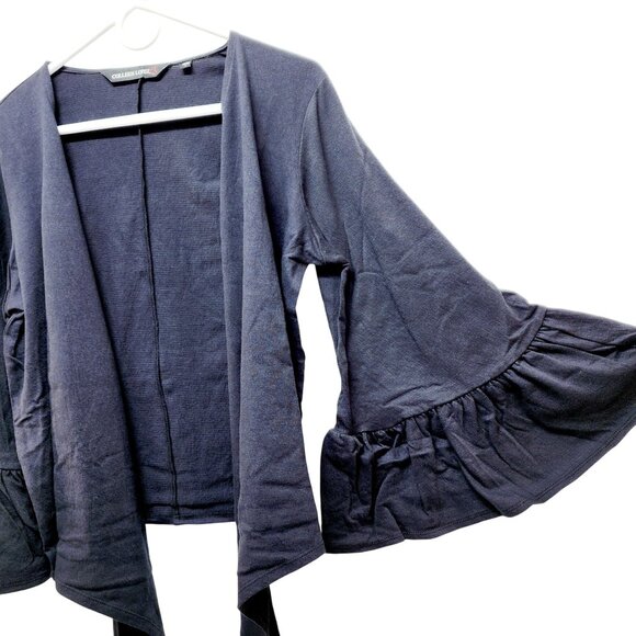 Colleen Lopez Navy Ruffle Sleeve Open-Front Black Cardigan Sweater Size M New - Picture 11 of 15